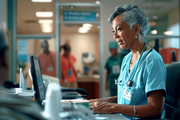 Nurse at hospital reception looking at a computer